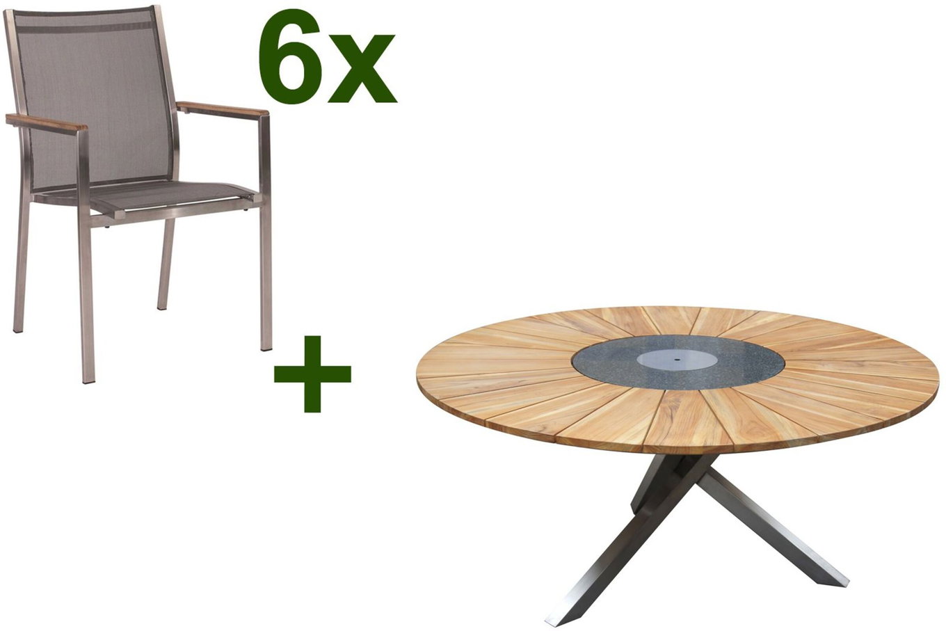 STERN Cardiff Garten-Essgruppe, silber/silbergrau, Edelstahl/Teak, Tisch Ø 170 cm, 6 Stapelsessel, FSC®-zertifiziertes Produkt 19751__1