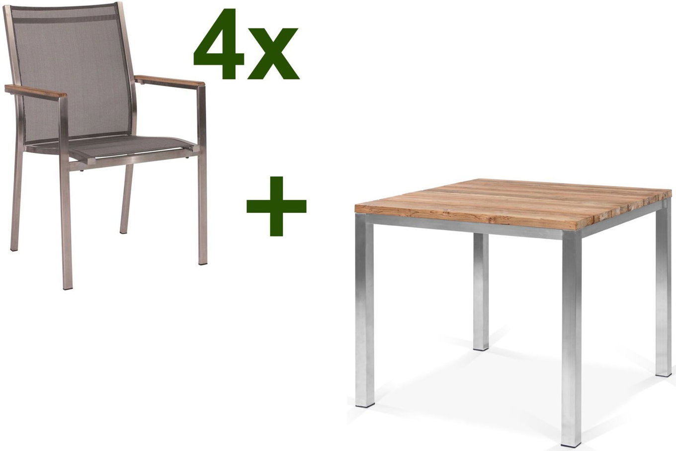 STERN Cardiff Garten-Essgruppe, silber/silbergrau, Edelstahl/recyceltes Teak, Tisch 90 x 90 cm, 4 Stapelsessel, FSC®-zertifiziertes Produkt 19769__1