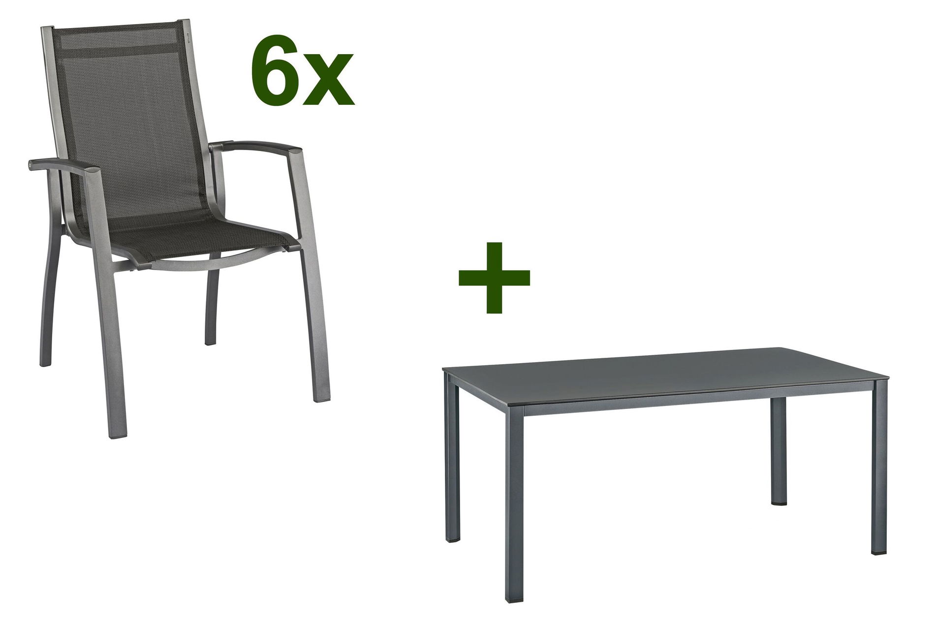 Kettler Esstischgruppe, anthrazit/anthrazit, Kettalux-Plus Dining-Tisch 160x95cm, 6 Stapelsessel Altura 13689__1