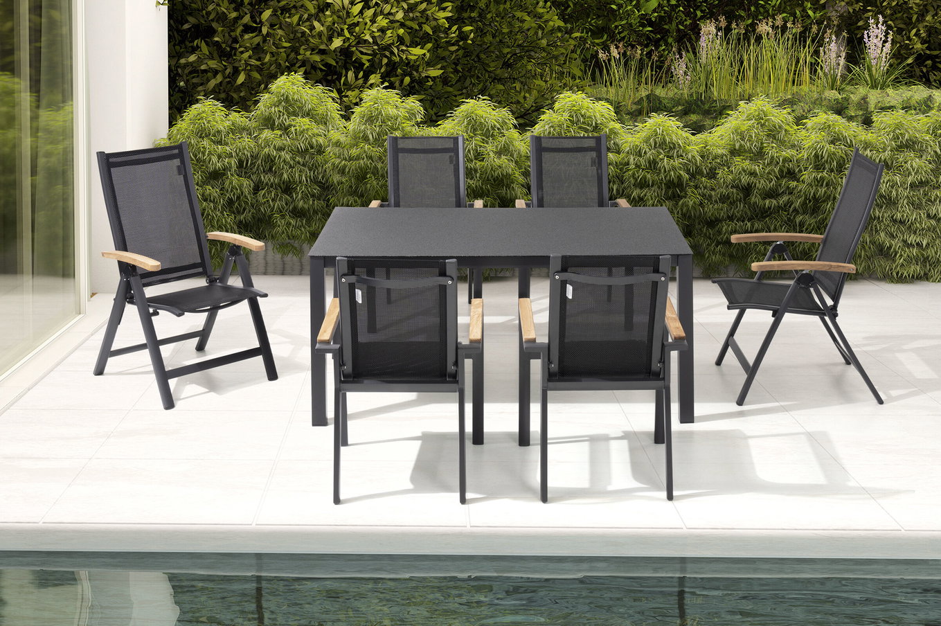 OUTFLEXX Garten-Essgruppe, anthrazit matt, Alu/Spraystone/Textilen, 160x95 cm, 4 Sessel, 2 Klappstühle, Teak Armlehnen 28184__1