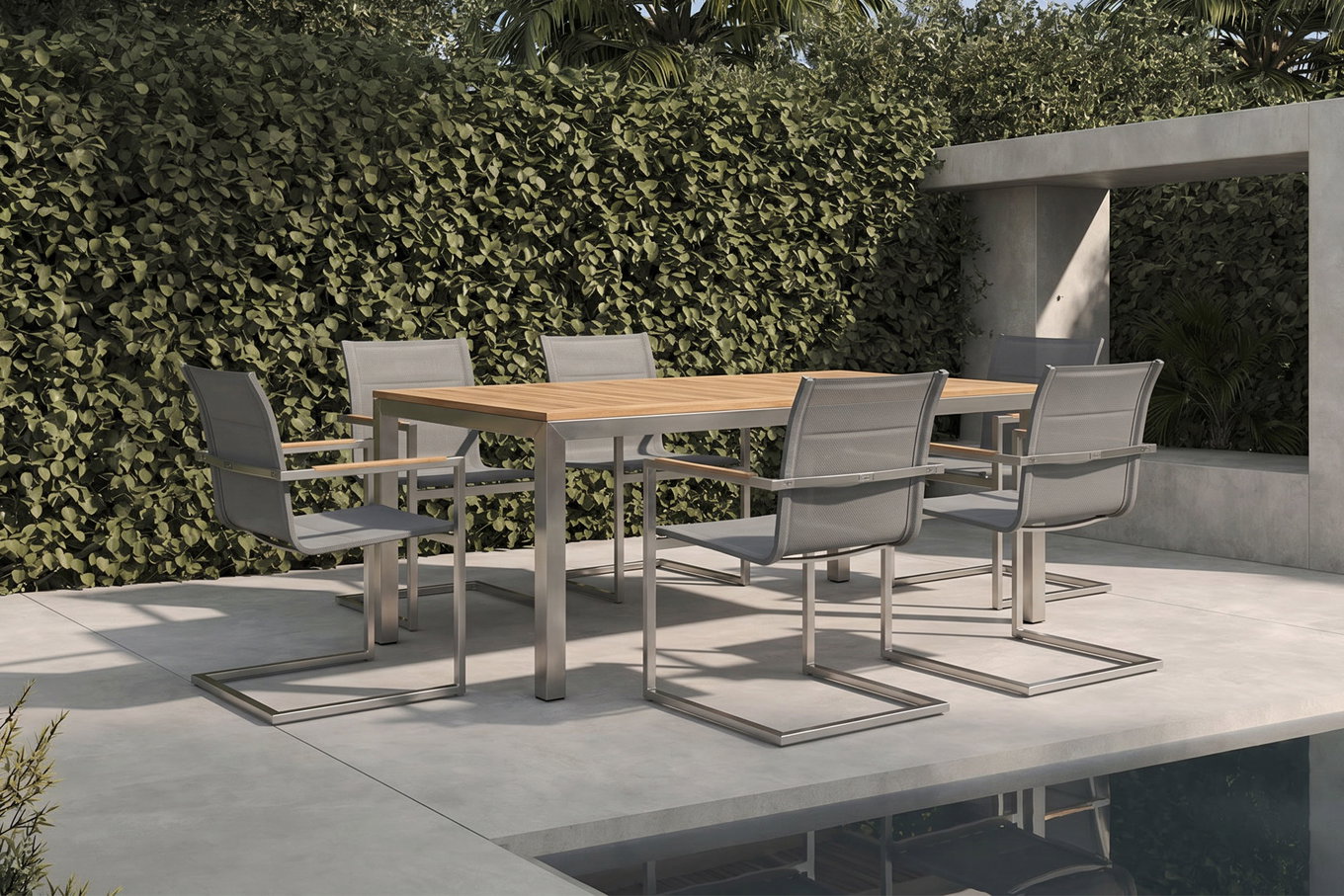 OUTFLEXX Garten-Essgruppe, silber, Edelstahl/Teak, Esstisch 200 x 90 cm, 6 Stapelstühle gepolstert