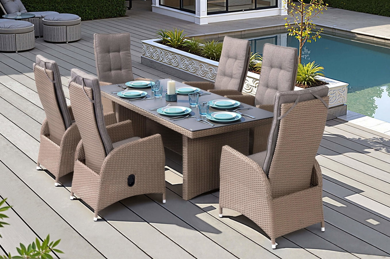 OUTFLEXX Elba Garten-Essgruppe, champagner-meliert/savanna, 200 x 95 cm, Polyrattan/Alu