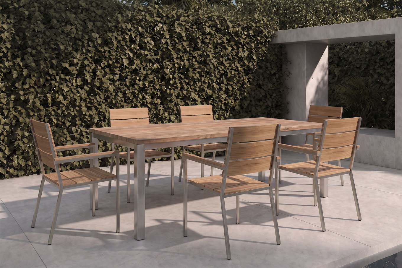 OUTFLEXX Garten-Essgruppe, Edelstahl/recyceltes Teak, Tisch 180 x 90 cm, 6 Stapelsessel, FSC®-zertifiziertes Produkt