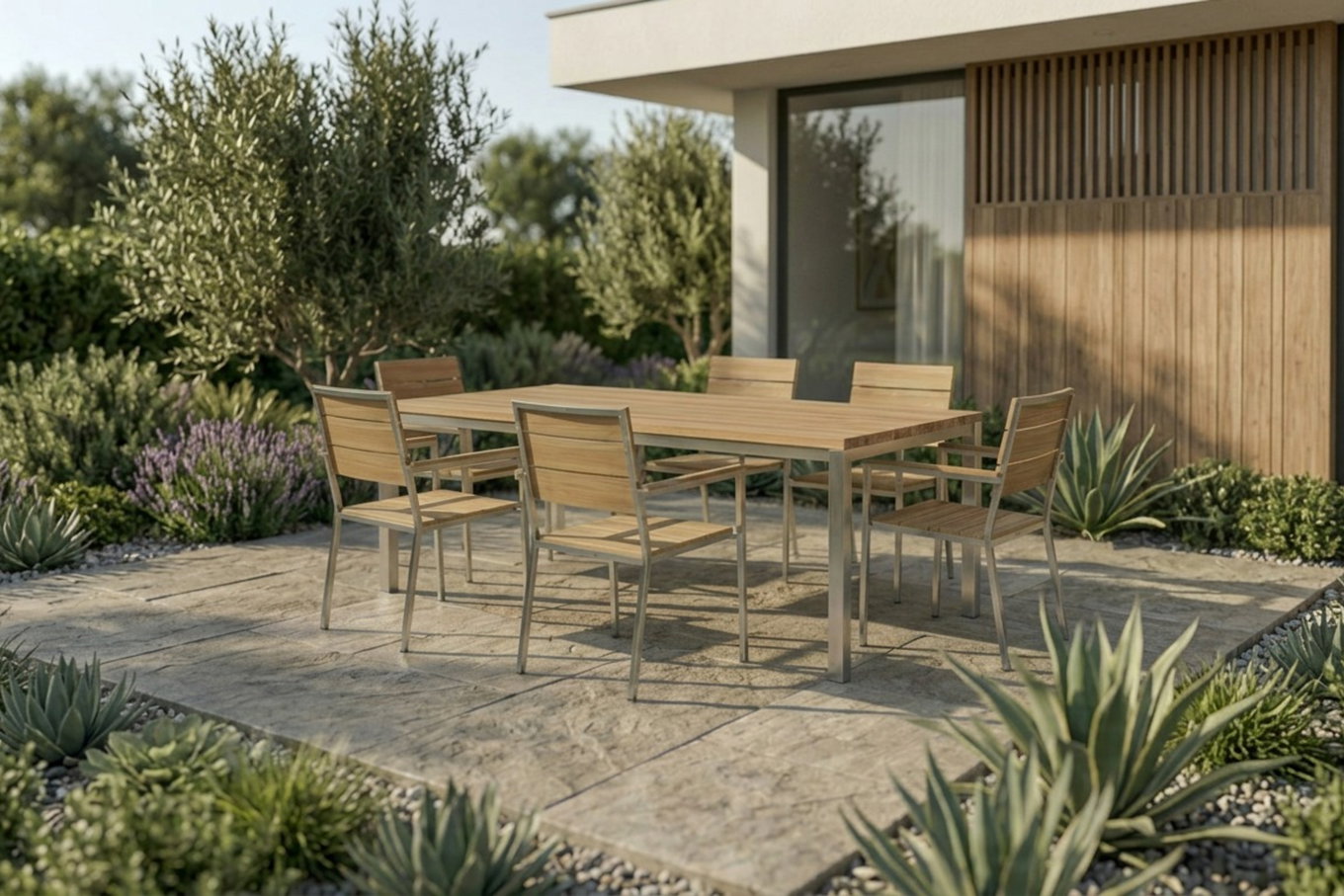 OUTFLEXX Garten-Essgruppe, Edelstahl/Teak, Tisch 200 x 100 cm, 6 Stapelsessel, FSC®-zertifiziertes Produkt