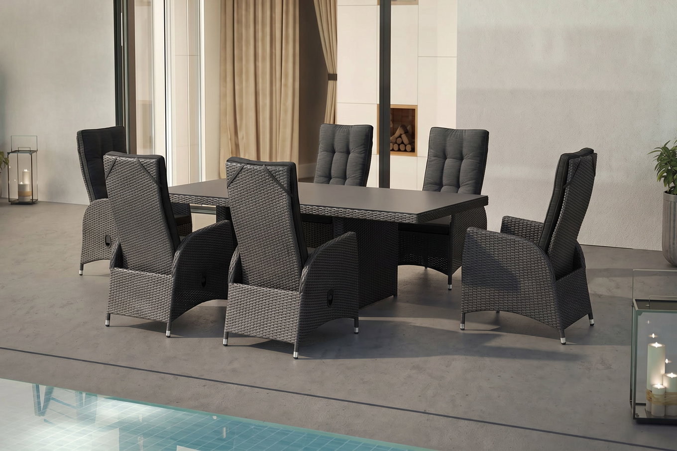 OUTFLEXX Rocking Garten-Essgruppe, grau/schwarz, Polyrattan, Tisch 220 x 100 cm, 6 Sessel
