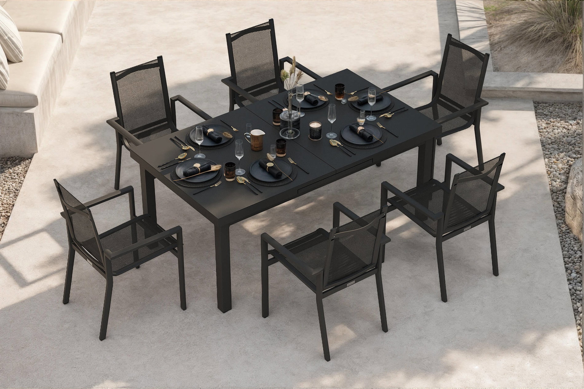 OUTFLEXX Premium Garten-Essgruppe, OUTFLEXX® anthrazit matt, Alu/Textilene, Tisch 180/240x100cm, 6 Stapelsessel OUTFLEXX Premium Garten-Essgruppe, OUTFLEXX® anthrazit matt, Alu/Textilene, Tisch 180/240x100cm, 6 Stapelsessel
