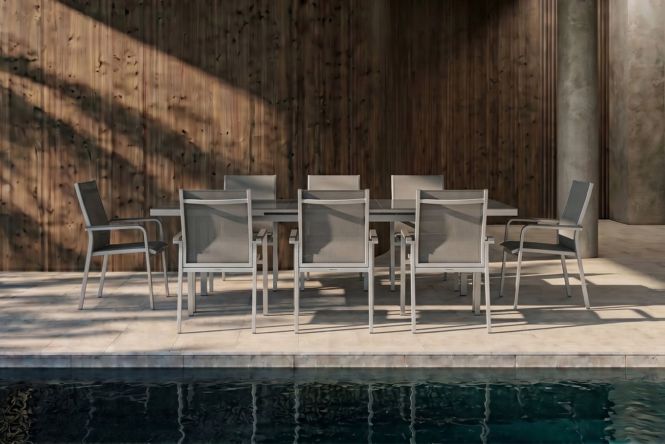 KETTLER BasicPlus Garten-Essgruppe, silber, Alu/Textilene, Tisch 180/240x100cm, 8 Stapelsessel