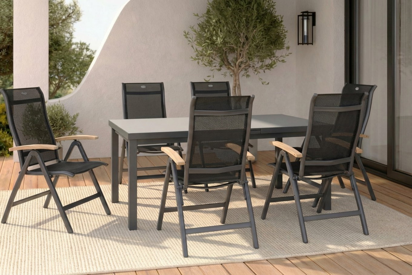 HARTMAN Alice Garten-Essgruppe, xerix, Alu/4x4 Textilen, Tisch 180/240x100cm, 6 Klappstühle