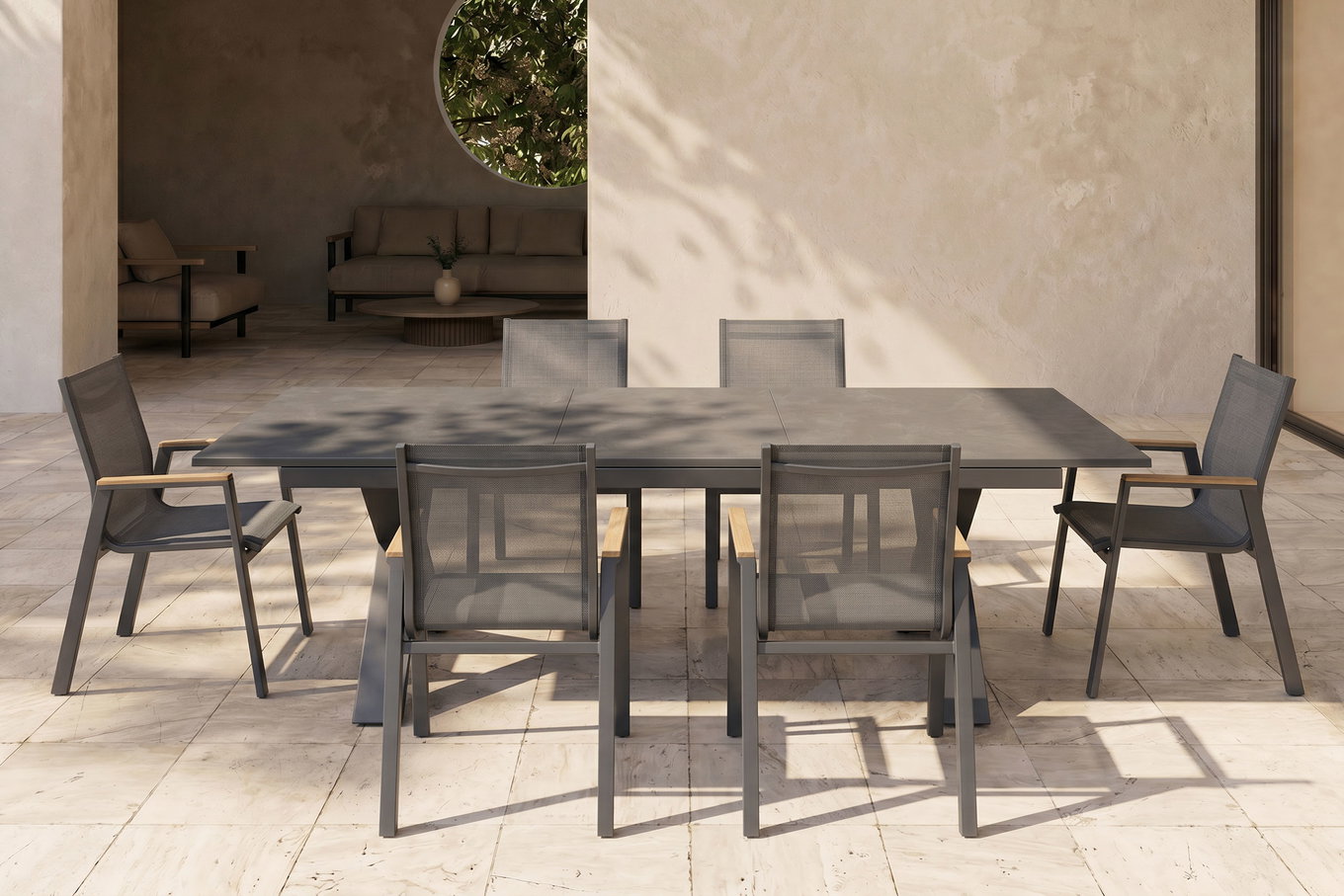 HARTMAN Sondermodell Xanadu / Aruba Set, xerix/anthrazit, Alu/Glaskeramik, 6 Stapelsessel, 220/280x100cm