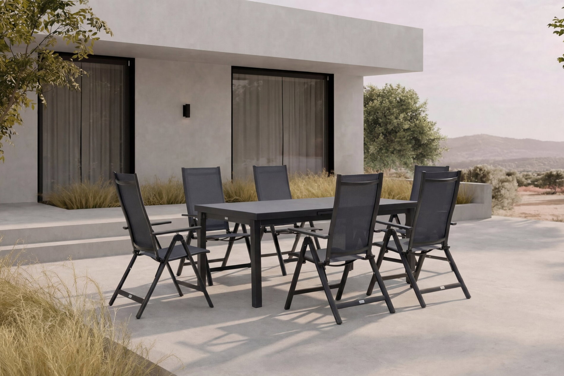 OUTFLEXX Premium Garten-Essgruppe, anthrazit/grau, Alu/Textilene, Ausziehtisch 180/240x100cm, 6 Klappstühle