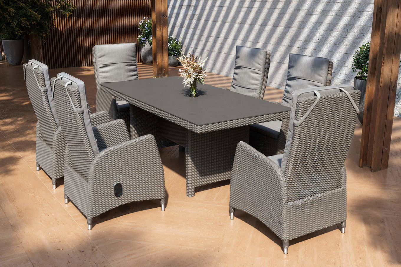 OUTFLEXX Vigo Garten-Essgruppe, 6 Personen, inkl. Kissen, 200x95cm, Polyrattan