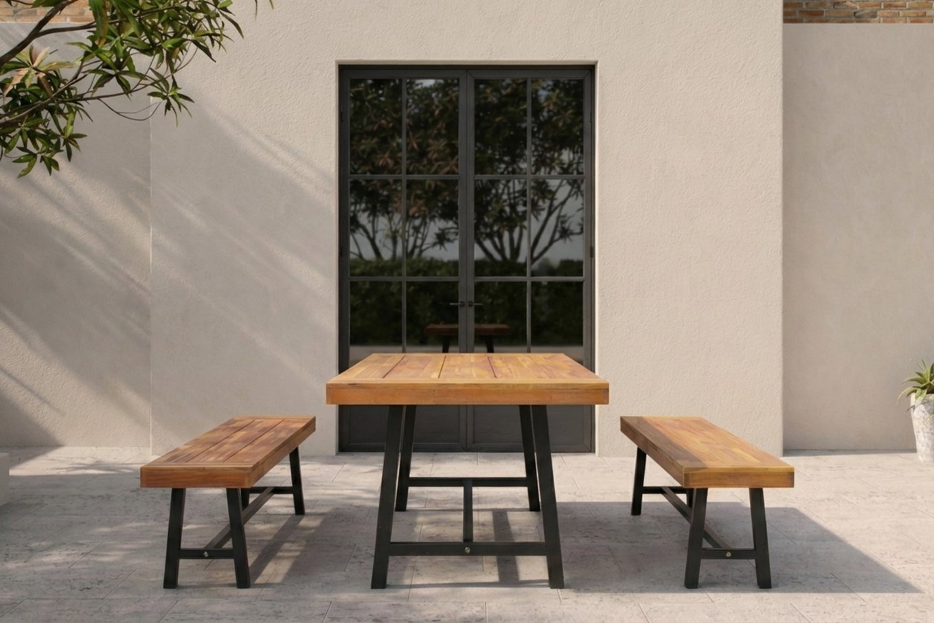 OUTFLEXX Oslo Garten-Essgruppe, natur, Akazie, Tisch 170 x 90 cm, 6 Personen, 2x Bank 160 x 35 cm, FSC®-zertifiziertes Produkt