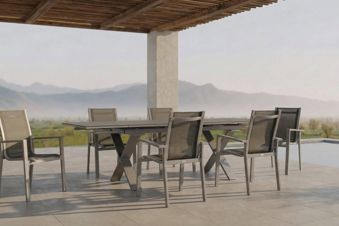 OUTFLEXX Garten-Essgruppe, silber, Alu / Spraystone / Textil, Tisch 180/280x100cm, 6 Stapelsessel