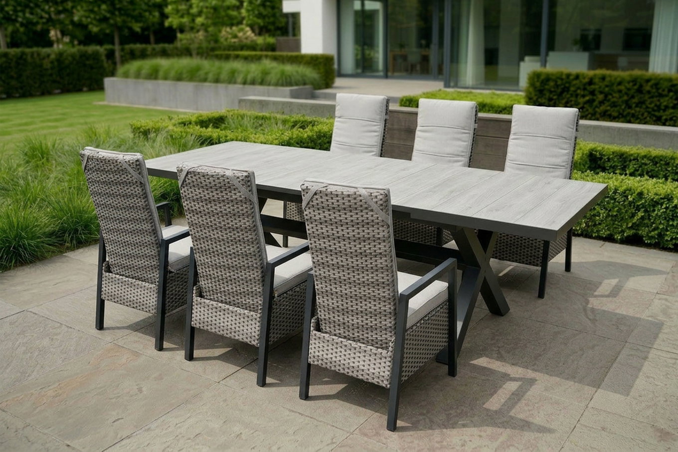 OUTFLEXX Louvra Select Garten-Essgruppe, natur/anthrazit, Polyrattan/Alu, Tisch 200/260 x 100 cm, 6 Sessel