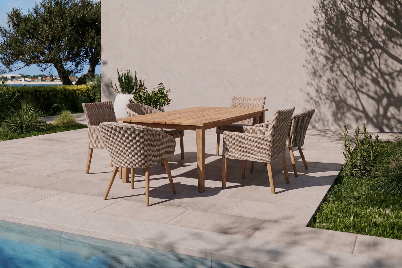 OUTFLEXX Borneo Set, beige-meliert, Polyrattan/Akazie, Tisch 220 x 100 cm, 3 Cocktail-, 3 Landhaussessel, FSC®-zertifiziertes Produkt