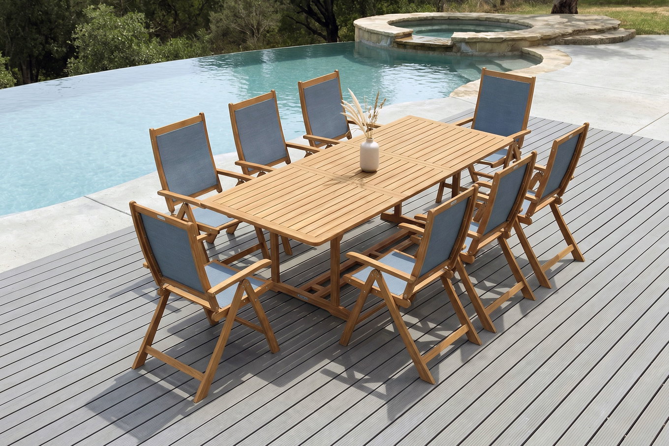 OUTFLEXX Garten-Essgruppe, natur/grau, Akazie/Textilene, Ausziehtisch 180/240 x 100 cm, 8 Klappstühle 5-fach, FSC®-zertifiziertes Produkt