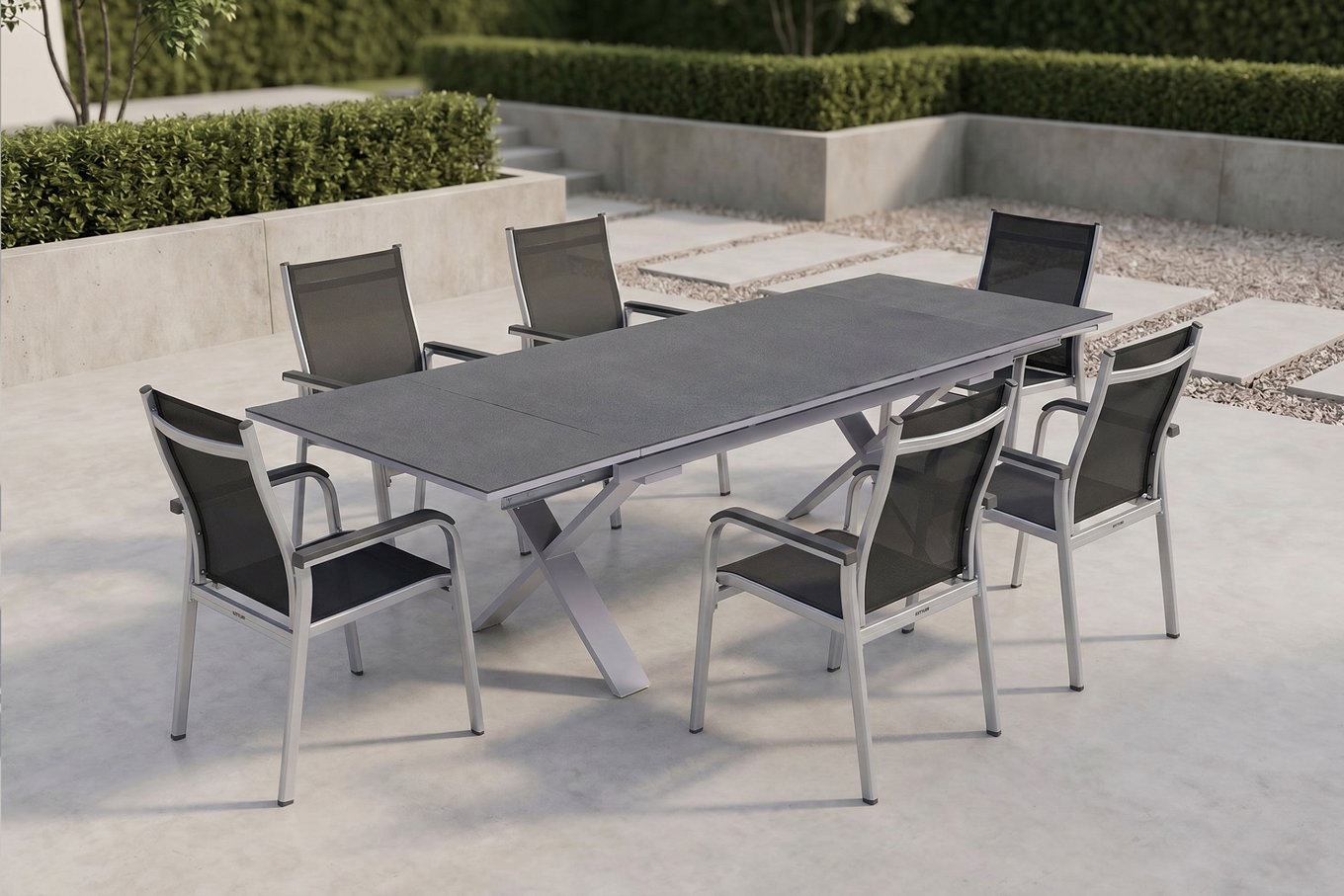 KETTLER BasicPlus Garten-Essgruppe, silber / anthrazit, Alu / Spraystone / Textil, Tisch 180/280x100cm, 6 Stapelsessel