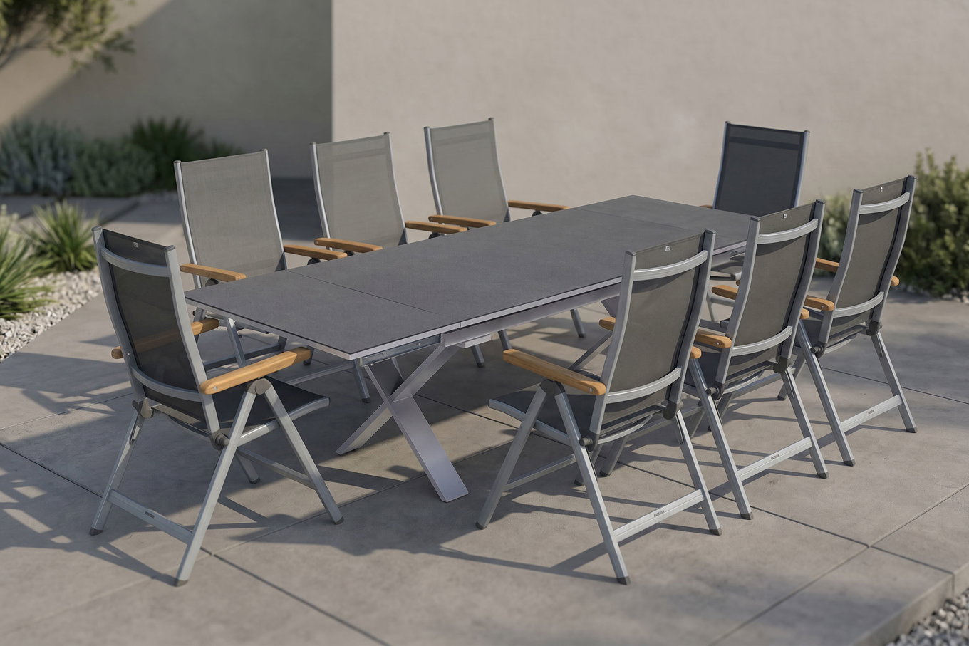 KETTLER Granada Garten-Essgruppe, silber / anthrazit, Alu / Spraystone / Teak, Tisch 180/280x100cm, 8 Klappstühle