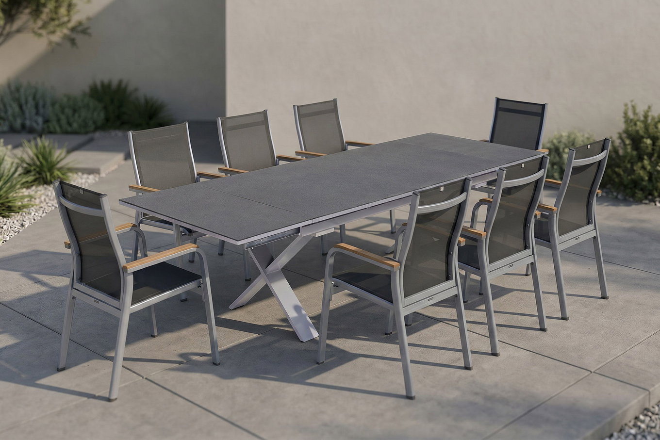 KETTLER Granada Garten-Essgruppe, silber / anthrazit, Alu / Spraystone / Teak, Tisch 180/280x100cm, 8 Stapelsessel