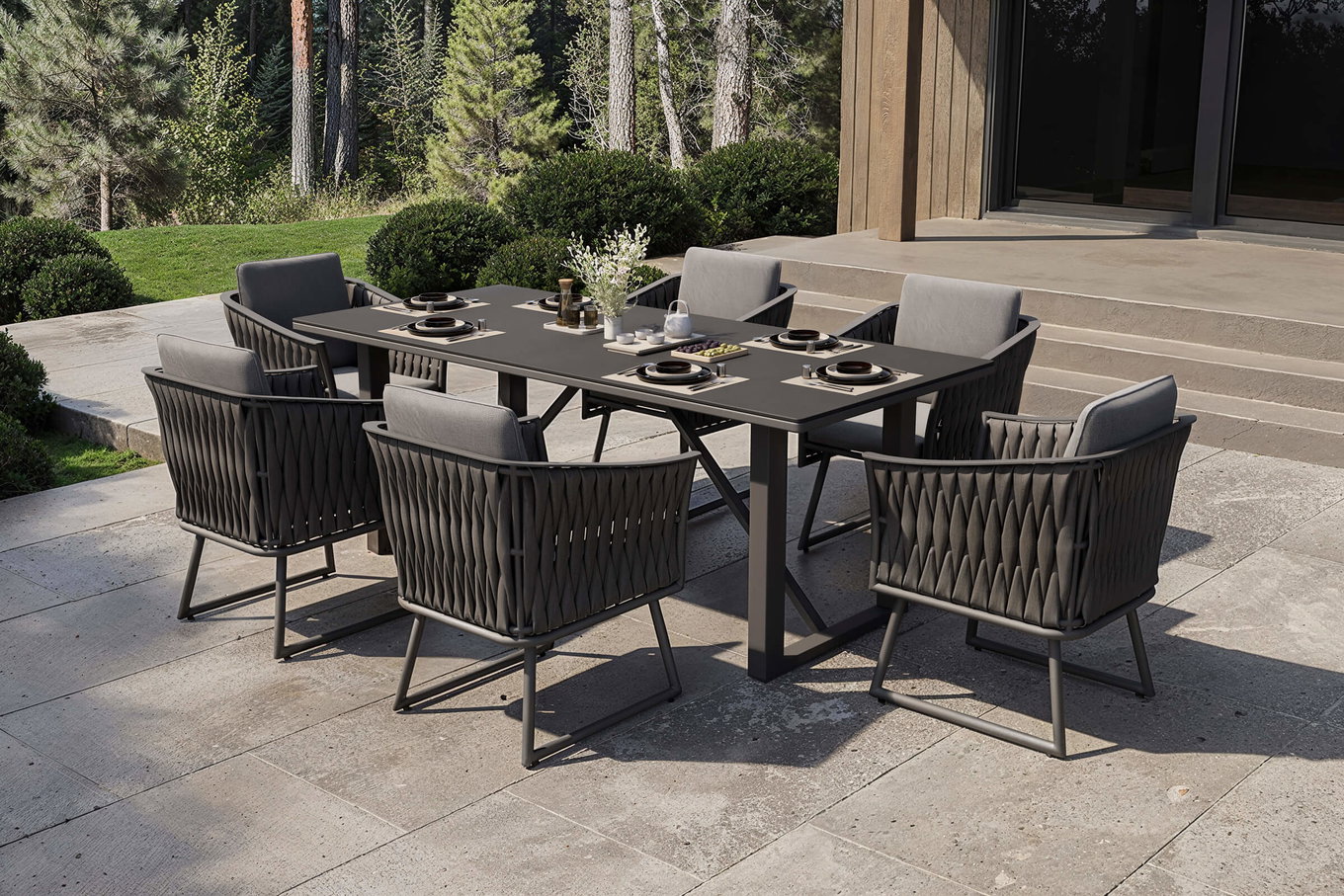 OUTFLEXX Oranger Blossom Garten-Essgruppe, anthrazit, Alu/XL Geflecht, 7-teilig, inkl. Sitz- und Rückenkissen, Tisch 200 x 90 x 76 cm