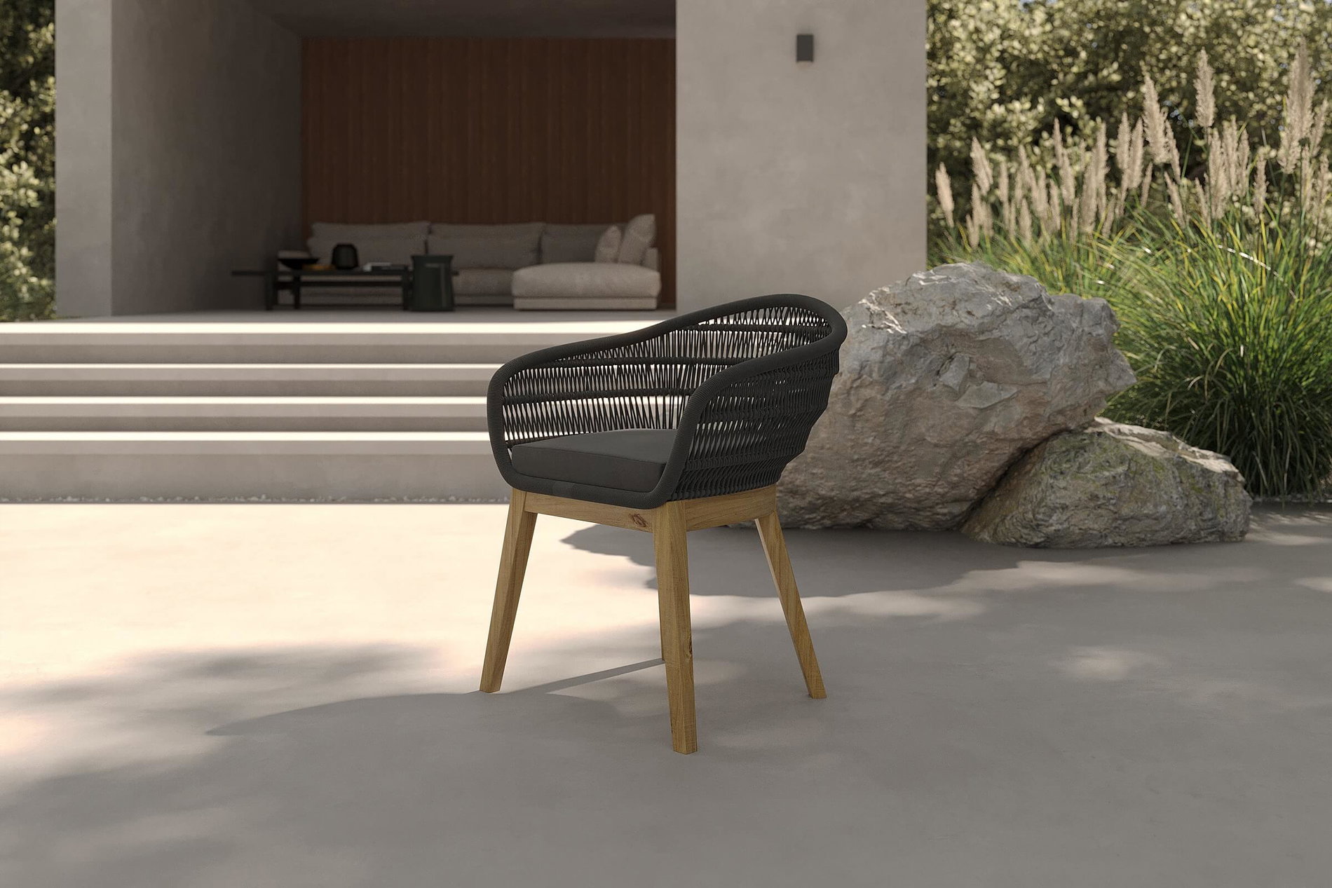 OUTFLEXX Diningsessel, natur/schwarz, Teakholz/Rope, 60 x 61 x 79 cm, inkl. Polster, FSC®-zertifiziertes Produkt