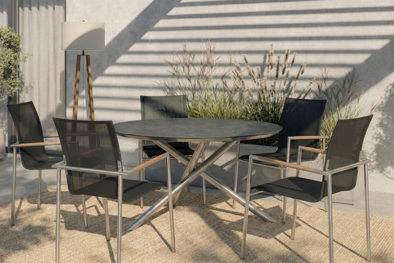 OUTFLEXX Garten-Essgruppe, silber/anthrazit, Edelstahl/Glaskeramik/Textilene, Tisch Ø150cm, 5 Personen