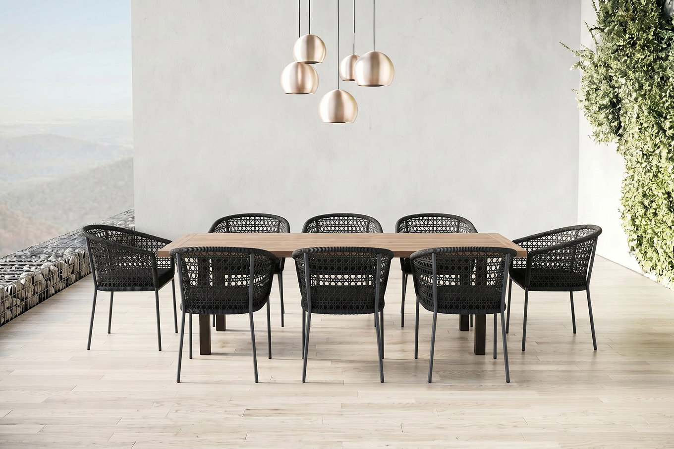 OUTFLEXX Oxford/Zui Garten-Essgruppe, anthrazit/dunkelgrau, Edelstahl/recycled Teak/Rope, 200/260 x 100 cm, 8x Sessel, inkl. Polster