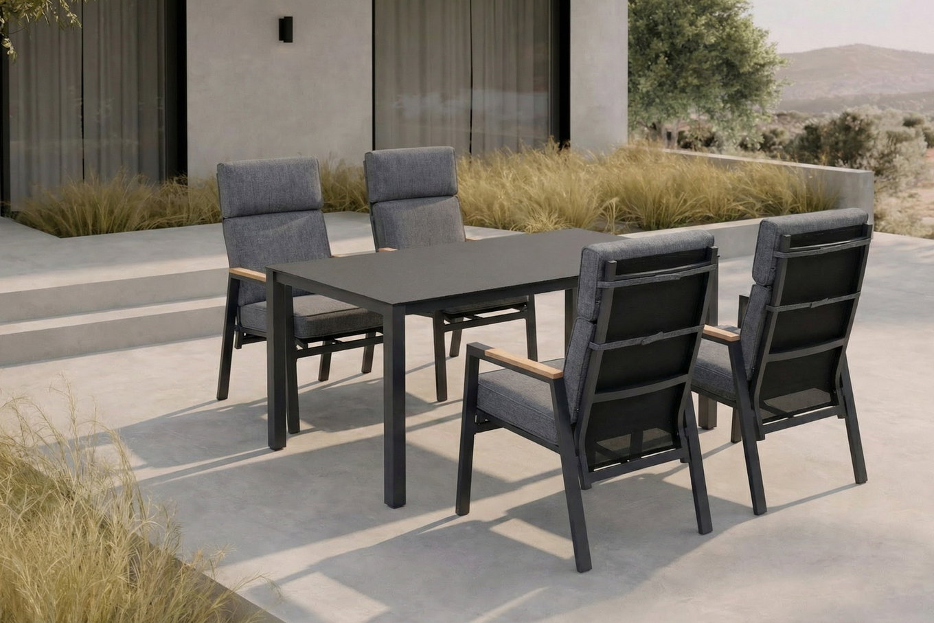 OUTFLEXX Garten-Essgruppe, anthrazit matt, Alu/Spraystone/Polyester, 160x95 cm, 4 Sessel, inkl. Polster