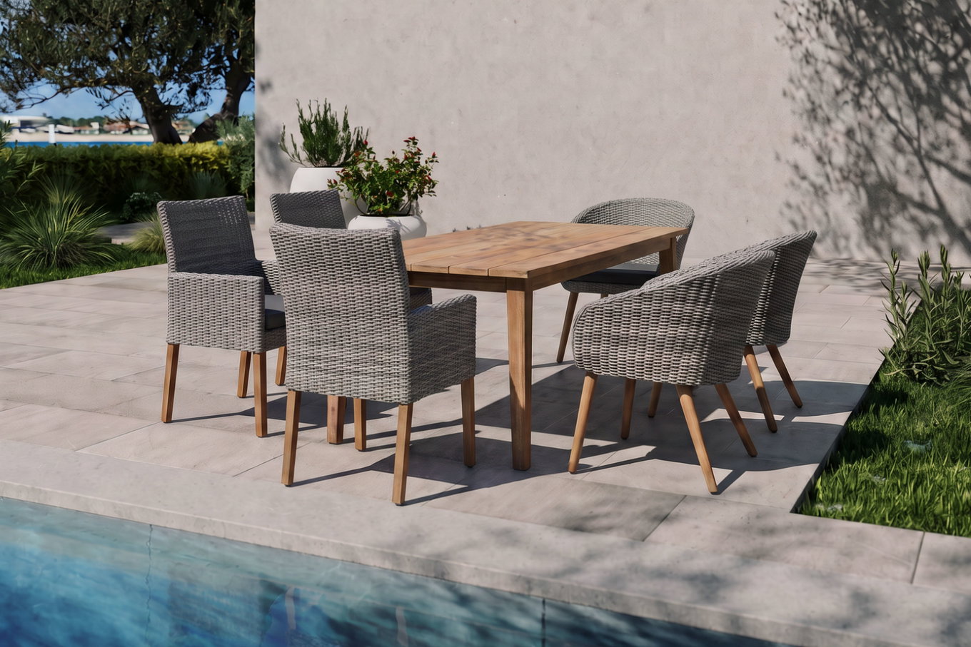 Ploß Borneo/Kota Garten-Essgruppe, natur/grau-meliert, Akazie/Alu/Polyrattan, 180x90cm, 3 Cocktailsessel, 3 Landhaussessel, FSC®-zertifiziertes Produkt