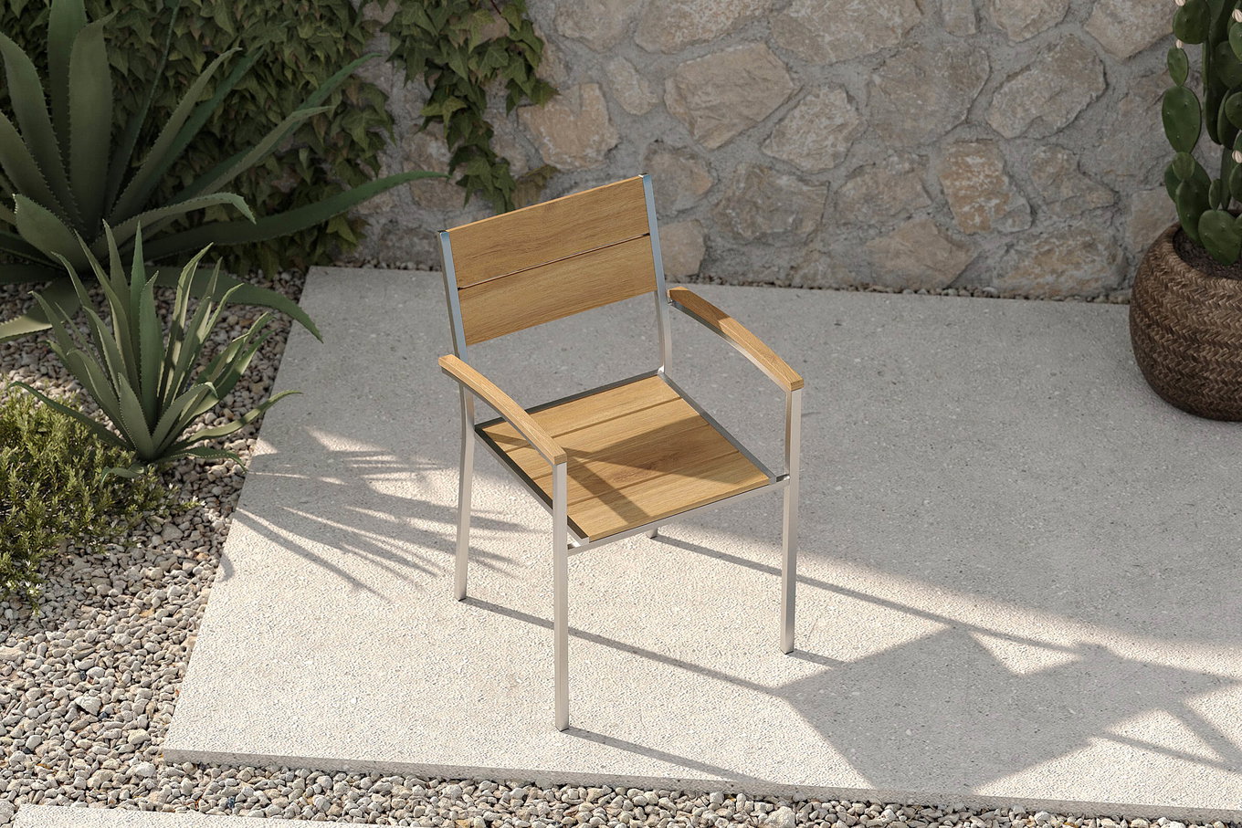OUTFLEXX Stapelstuhl, silber/naturbelassen, Edelstahl/Teak, stapelbar, gebürstet, FSC®-zertifiziertes Produkt