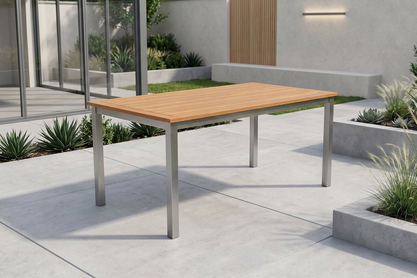 VILLANA Tasmania Esstisch, Silber/Natural, Aluminium/Eukalyptus, 150 x 90 cm, mit Fußkappen, hohe Belastbarkeit, FSC®-zertifiziertes Produkt