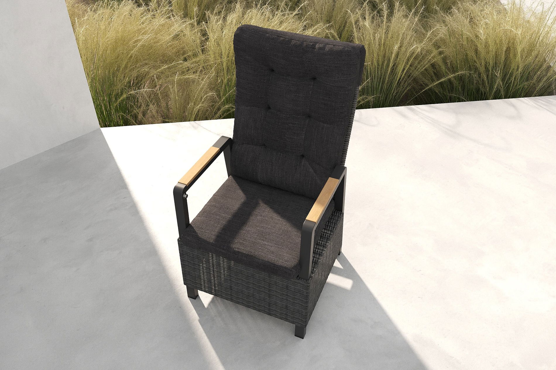 OUTFLEXX Nova Diningsessel, anthrazit/grau, Alu/Polyrattan, 58 x 68 x 108 cm, verstellbare Rückenlehne, mit Teakholz-Armlehnen, FSC®-zertifiziertes Produkt