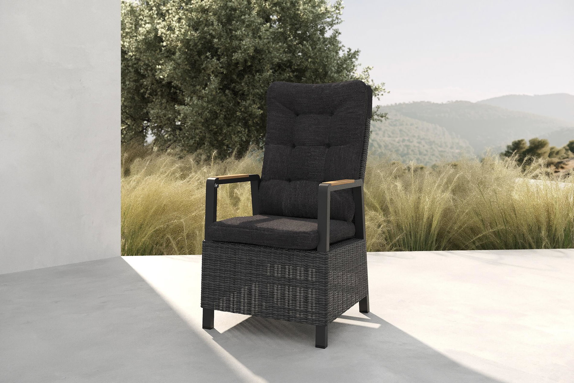 OUTFLEXX Nova Diningsessel, anthrazit/grau, Alu/Polyrattan, 58 x 68 x 108 cm, verstellbare Rückenlehne, mit Teakholz-Armlehnen, FSC®-zertifiziertes Produkt