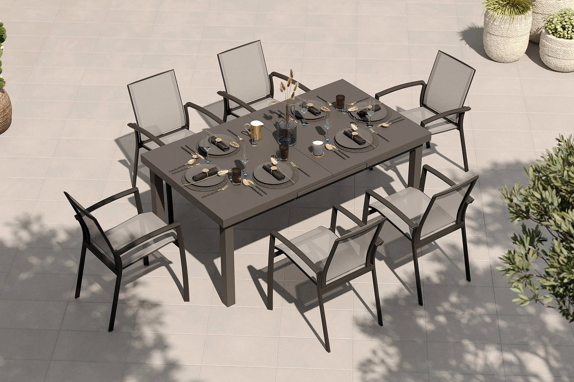 SIENA GARDEN Garten-Essgruppe, anthrazit/grau, Aluminium/Ranotex-Gewebe, Ausziehtisch 180/240 x 100 cm, inkl. 6 Stapelsessel