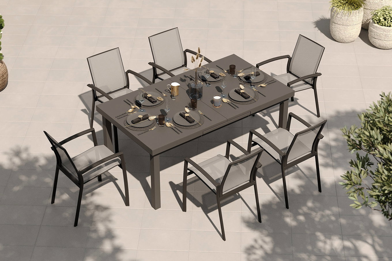 SIENA GARDEN Garten-Essgruppe, anthrazit/grau, Aluminium/Ranotex-Gewebe, Ausziehtisch 180/240 x 100 cm, inkl. 6 Stapelsessel