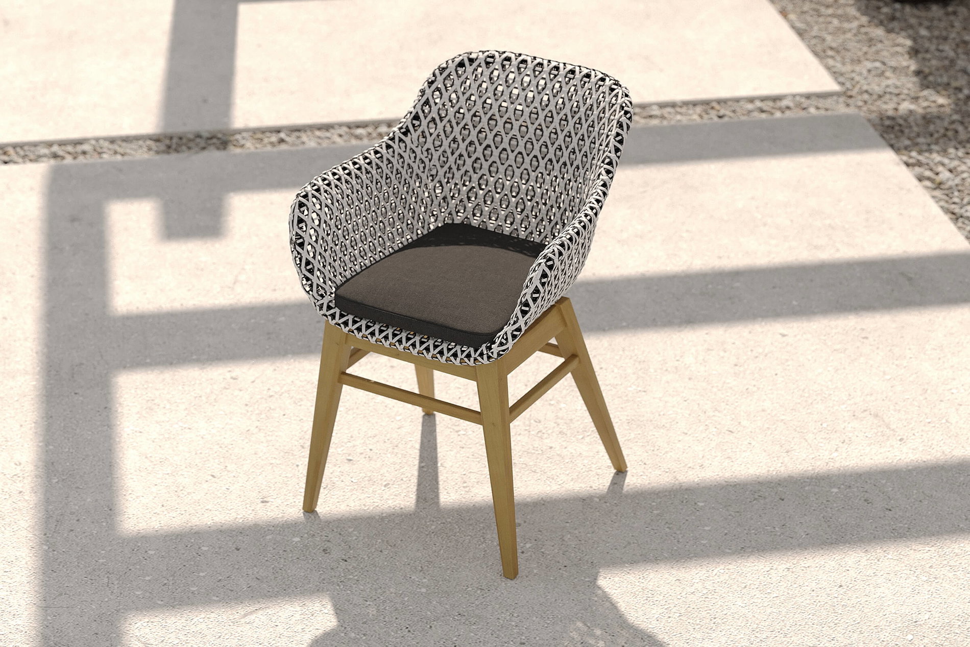 OUTFLEXX Bali Dining Sessel, schwarz/weiß/natur, Polyrattan/Akazie/Stahl, 56 x 58 x 78 cm, wetterfest, inkl. Olefin-Kissen, FSC®-zertifiziertes Produkt
