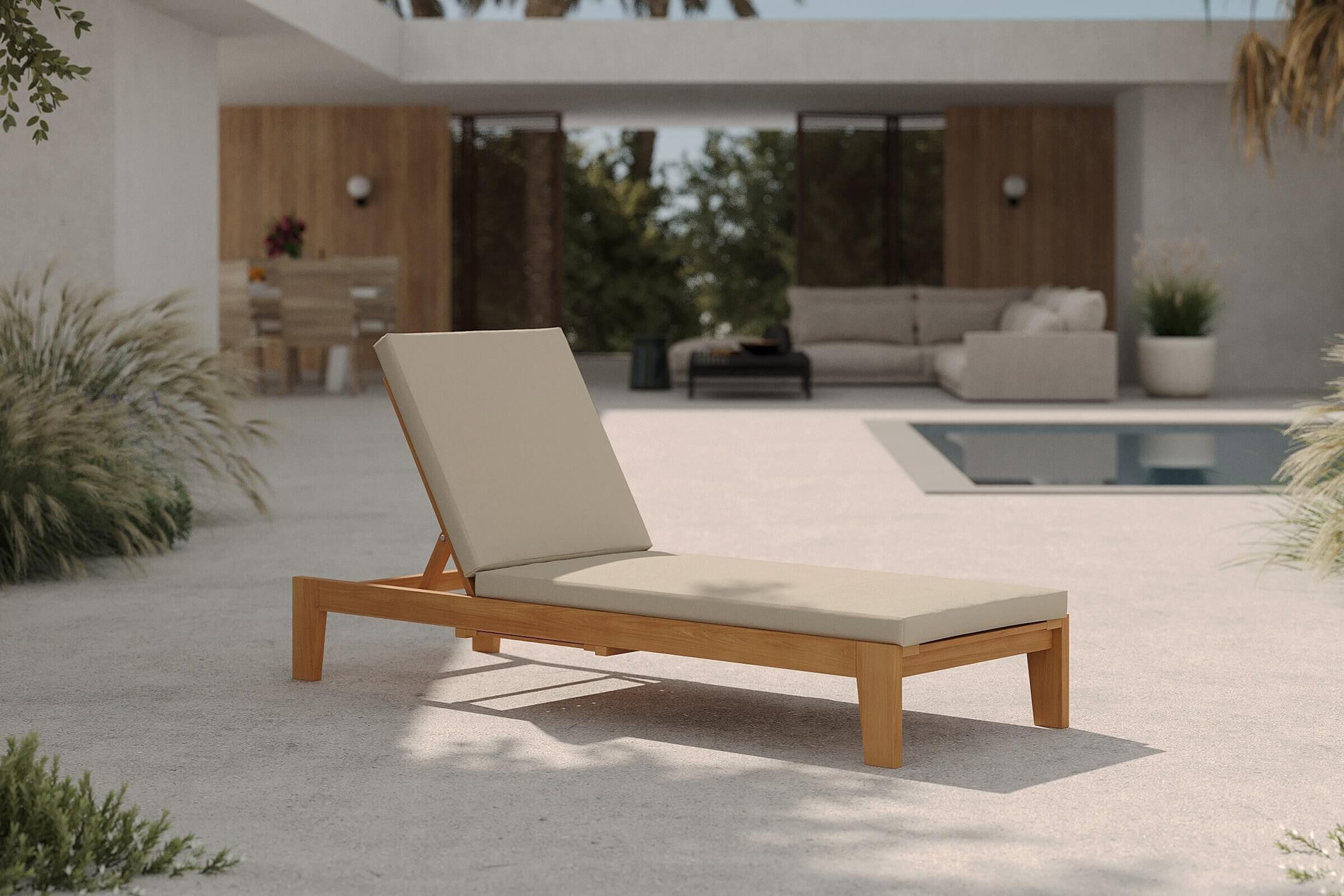 OUTFLEXX Bali Sonnenliege, grau/natur, Eukalyptus/Polyester, 183 x 64 x 35 cm, verstellbare Rückenlehne, inkl. Auflage, FSC®-zertifiziertes Produkt