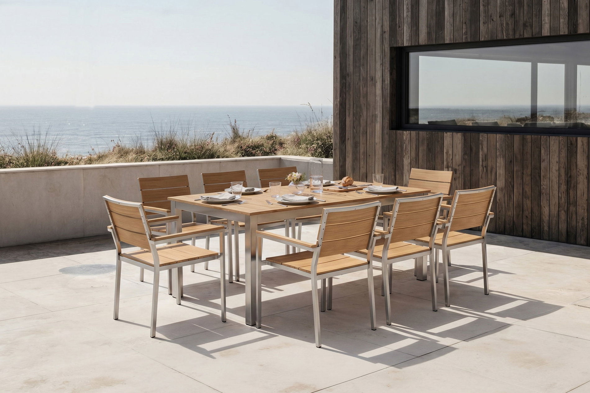 OUTFLEXX Falun Garten-Essgruppe mit 8 Sesseln, braun, Teakholz/Edelstahl, 180/240 x 100 cm, ausziehbar, stapelbar, FSC®-zertifiziertes Produkt