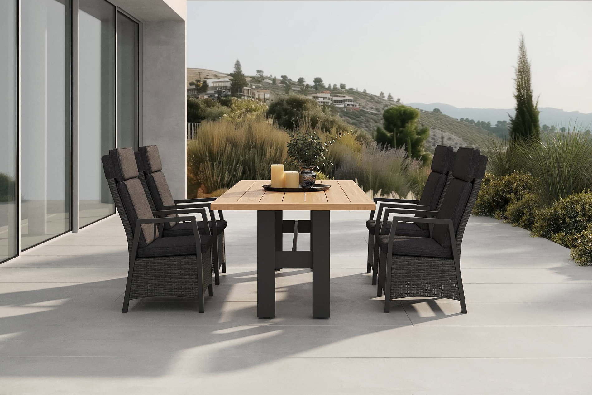 HARTMAN Nova Garten-Essgruppe mit 4 Sesseln, anthrazit/grau, Alu/Polyrattan/Teak, 240 x 100 cm Tisch, verstellbare Rückenlehne HARTMAN Nova Garten-Essgruppe mit 4 Sesseln, anthrazit/grau, Alu/Polyrattan/Teak, 240 x 100 cm Tisch, verstellbare Rückenlehne