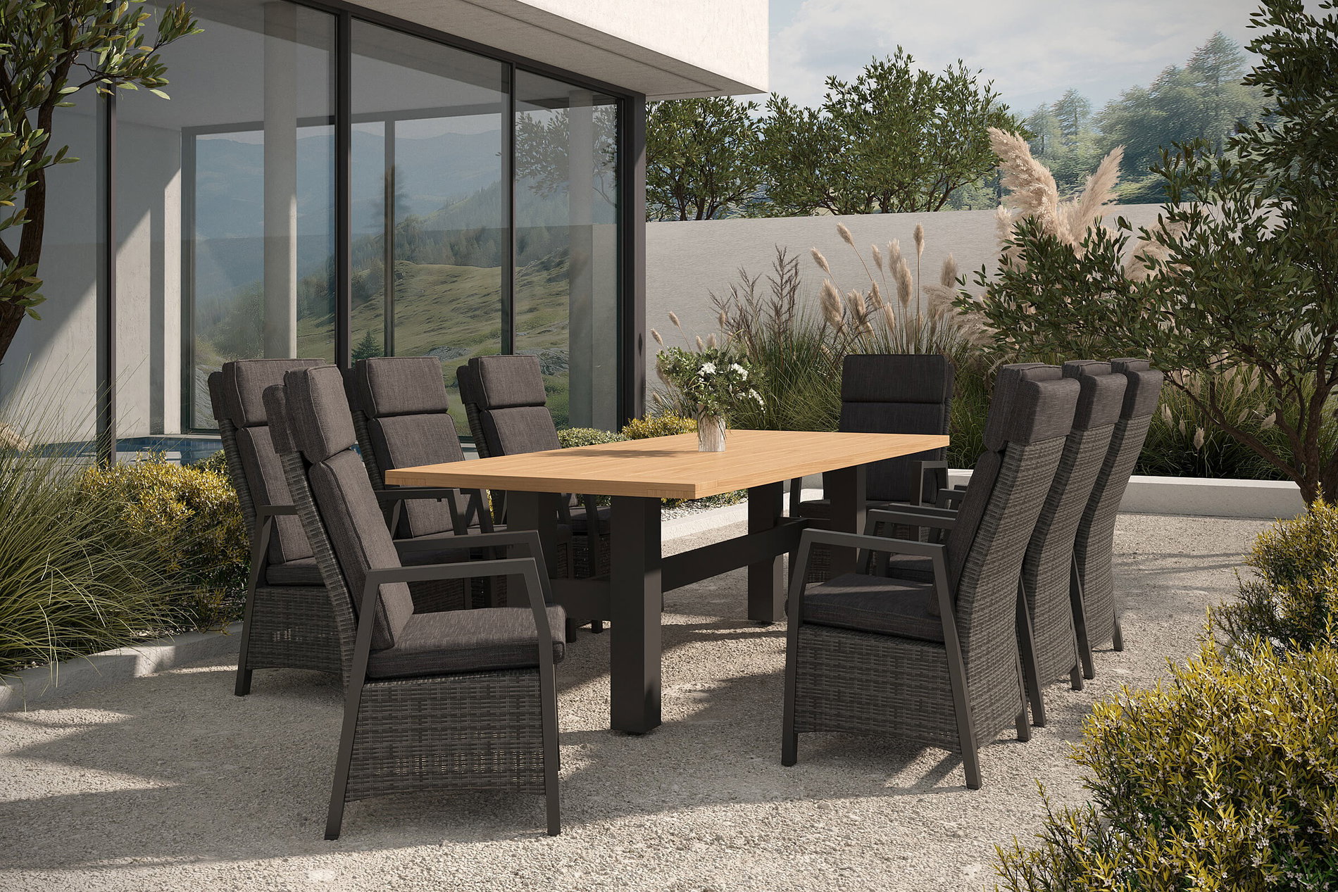 HARTMAN Nova Garten-Essgruppe mit 8 Sesseln, anthrazit/grau, Alu/Polyrattan/Teak, 240 x 100 cm, verstellbare Rückenlehne HARTMAN Nova Garten-Essgruppe mit 8 Sesseln, anthrazit/grau, Alu/Polyrattan/Teak, 240 x 100 cm, verstellbare Rückenlehne