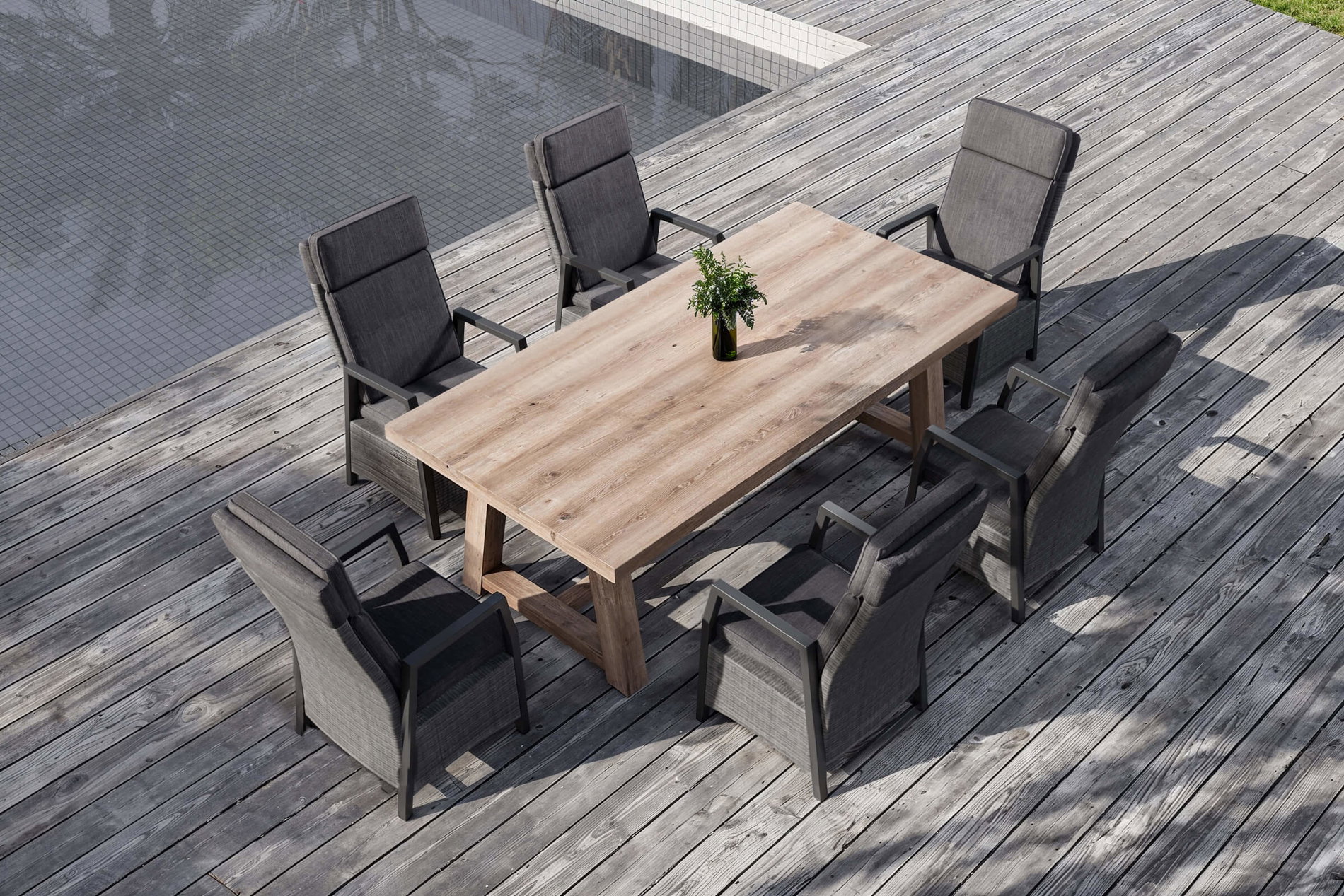 OUTFLEXX Nova Garten-Essgruppe mit 6 Sesseln, anthrazit/grau/natur, Alu/Polyrattan/Teakholz, 220 x 110 cm Tisch, verstellbare Rückenlehne OUTFLEXX Nova Garten-Essgruppe mit 6 Sesseln, anthrazit/grau/natur, Alu/Polyrattan/Teakholz, 220 x 110 cm Tisch, verstellbare Rückenlehne