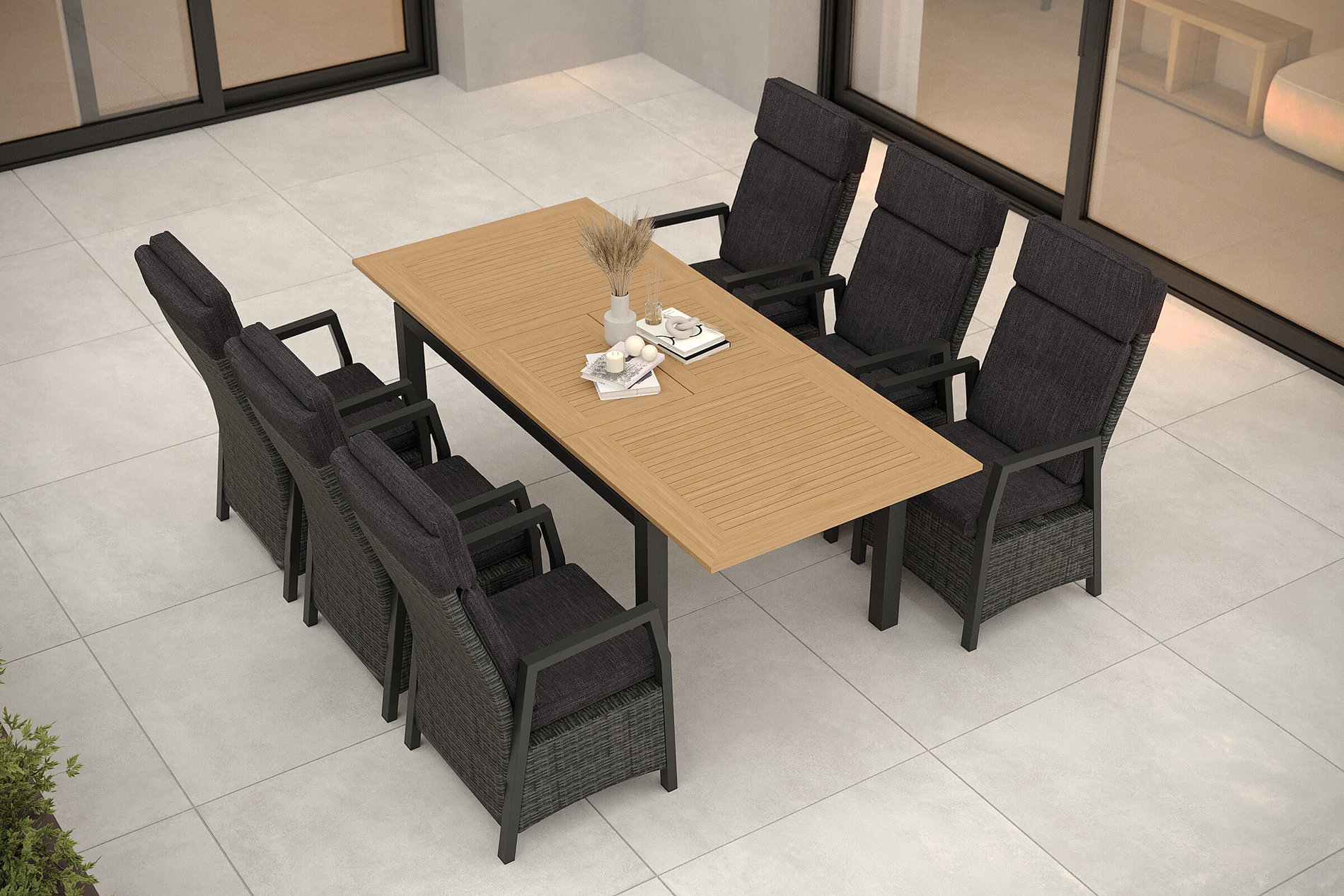 OUTFLEXX Nova Garten-Essgruppe mit 6 Sesseln, anthrazit/grau, Alu/Polyrattan/Teak, 152/210 x 89 cm, verstellbare Rückenlehne OUTFLEXX Nova Garten-Essgruppe mit 6 Sesseln, anthrazit/grau, Alu/Polyrattan/Teak, 152/210 x 89 cm, verstellbare Rückenlehne