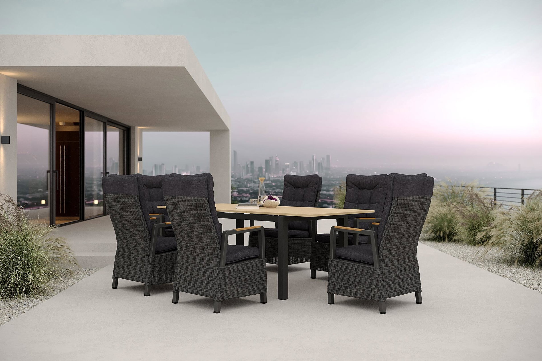 HARTMAN Nova Garten-Essgruppe mit 6 Sesseln, anthrazit/grau/natur, Alu/Polyrattan, Tisch 150/210 x 90 cm, verstellbare Rückenlehne mit Teak-Armlehnen, FSC®-zertifiziertes Produkt HARTMAN Nova Garten-Essgruppe mit 6 Sesseln, anthrazit/grau/natur, Alu/Polyrattan, Tisch 150/210 x 90 cm, verstellbare Rückenlehne mit Teak-Armlehnen, FSC®-zertifiziertes Produkt