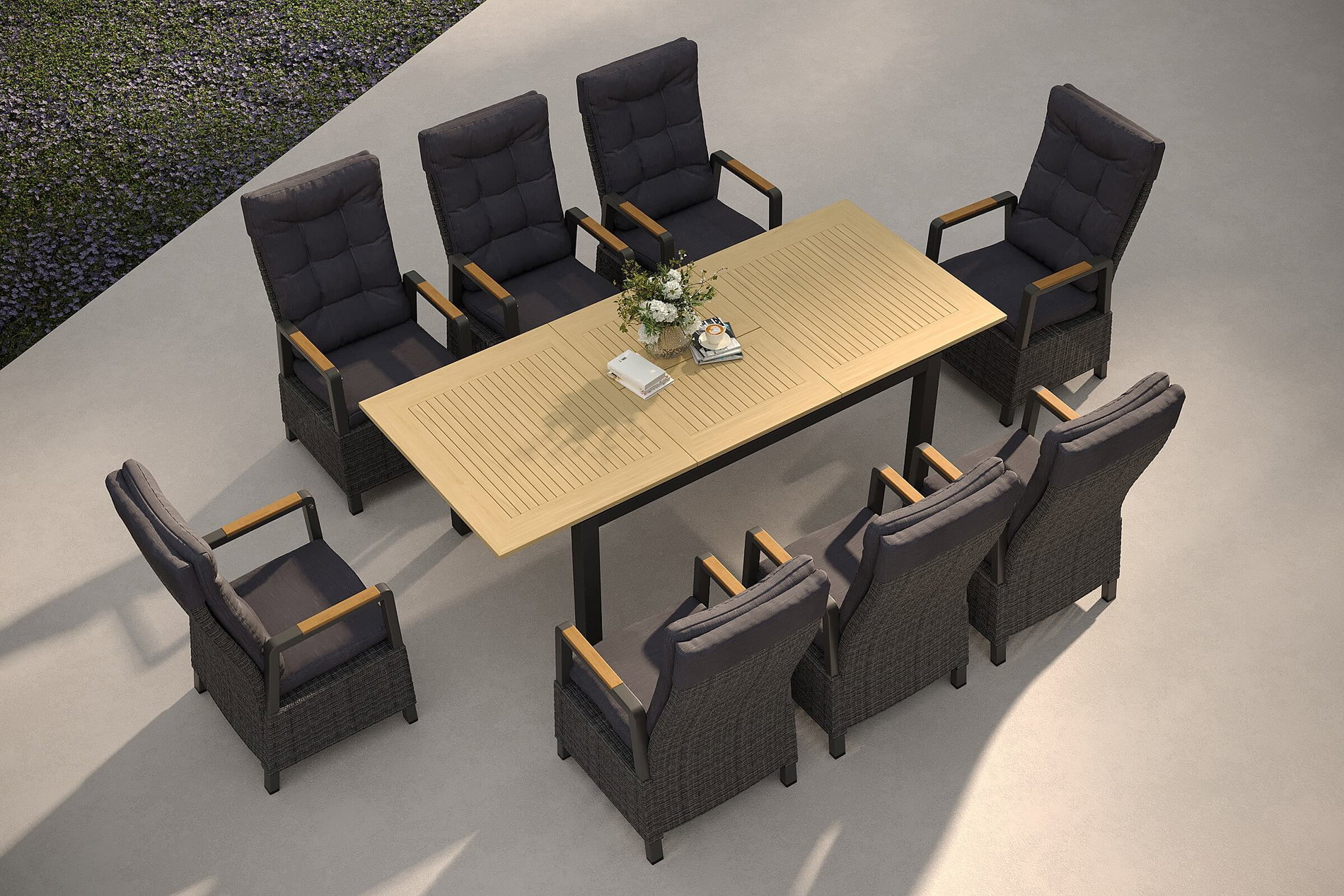 HARTMAN Nova Garten-Essgruppe mit 8 Sesseln, anthrazit/grau/natur, Alu/Polyrattan, Tisch 150/210 x 90 cm, verstellbare Rückenlehne mit Teak-Armlehnen, FSC®-zertifiziertes Produkt HARTMAN Nova Garten-Essgruppe mit 8 Sesseln, anthrazit/grau/natur, Alu/Polyrattan, Tisch 150/210 x 90 cm, verstellbare Rückenlehne mit Teak-Armlehnen, FSC®-zertifiziertes Produkt