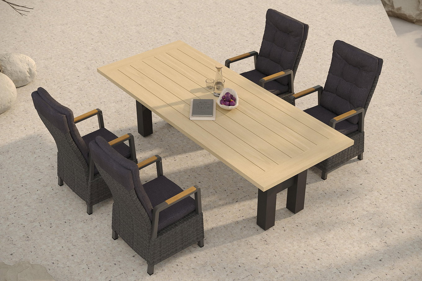 HARTMAN Nova Garten-Essgruppe mit 4 Sesseln, anthrazit/grau/natur, Alu/Polyrattan, 240 x 100 cm, verstellbare Rückenlehne mit Teak-Armlehnen, FSC®-zertifiziertes Produkt