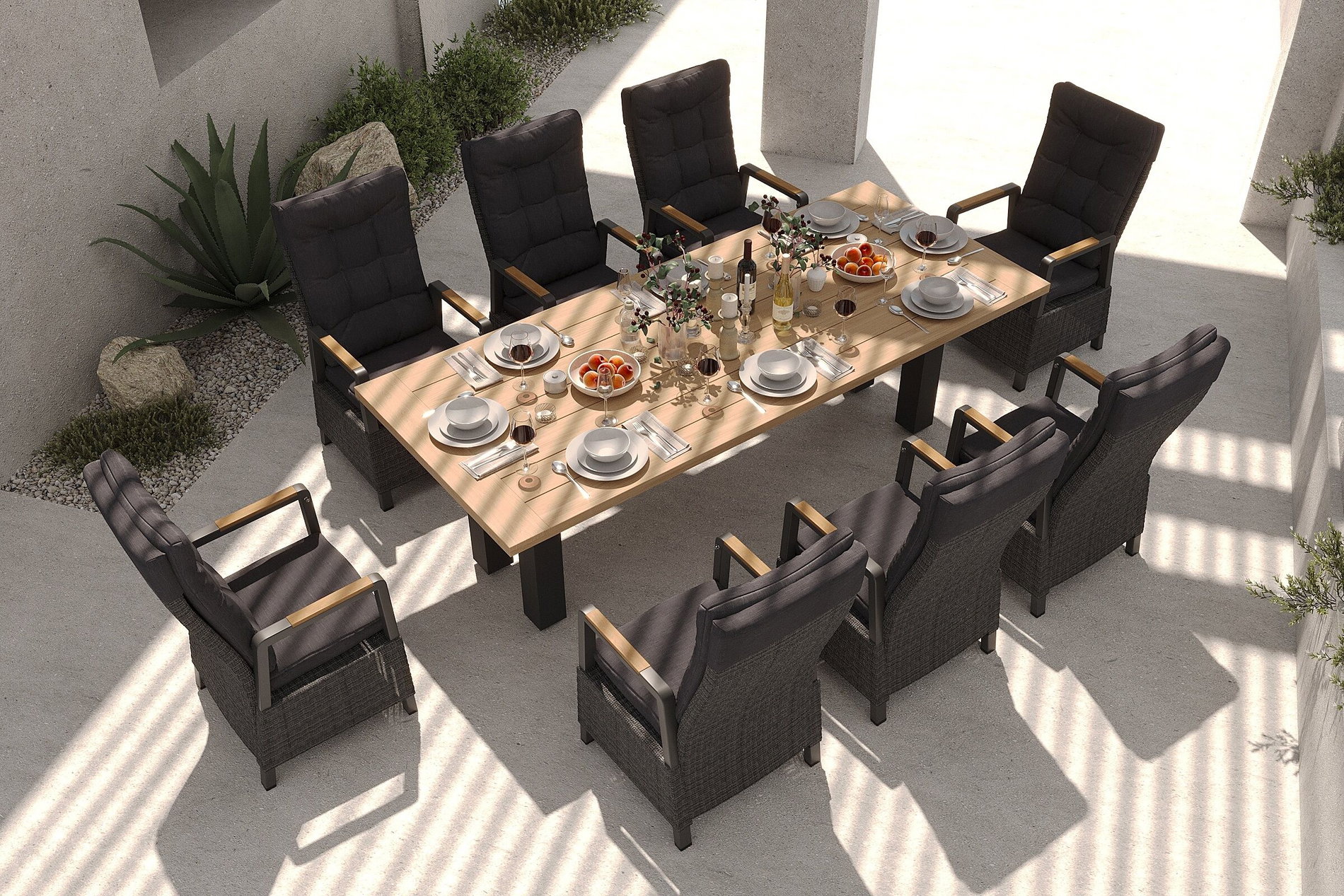HARTMAN Nova Garten-Essgruppe mit 8 Sesseln, anthrazit/grau/natur, Alu/Polyrattan, 240 x 100 cm, verstellbare Rückenlehne mit Teak-Armlehnen, FSC®-zertifiziertes Produkt HARTMAN Nova Garten-Essgruppe mit 8 Sesseln, anthrazit/grau/natur, Alu/Polyrattan, 240 x 100 cm, verstellbare Rückenlehne mit Teak-Armlehnen, FSC®-zertifiziertes Produkt
