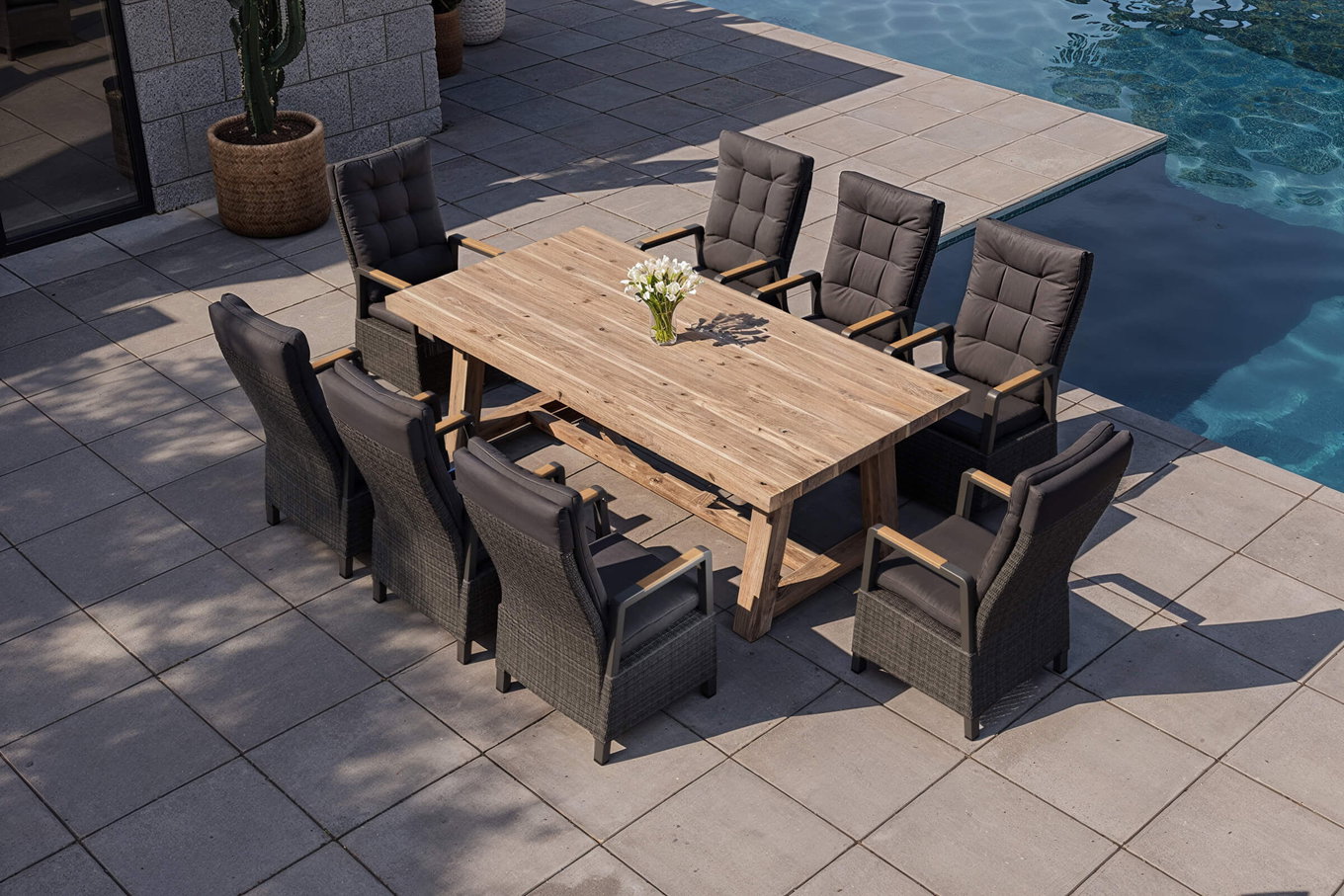 OUTFLEXX Nova Garten-Essgruppe mit 8 Sesseln, anthrazit/grau/natur, Alu/Polyrattan, 220 x 110 cm Tisch, verstellbare Rückenlehne mit Teak-Armlehnen, FSC®-zertifiziertes Produkt