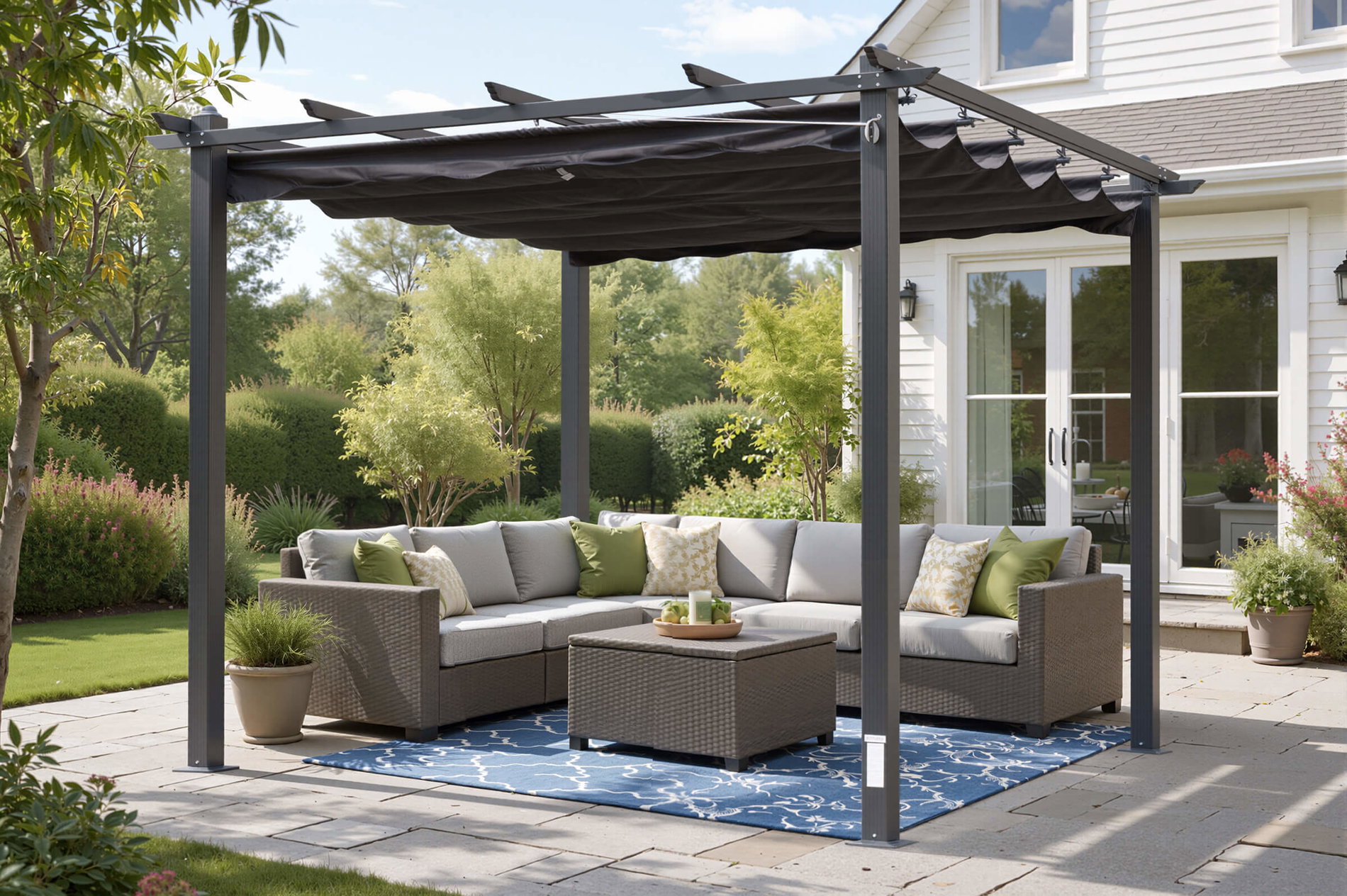 OUTFLEXX Antalya Pergola mit faltbarem Stoffdach, Anthrazit, Aluminium/Stahl/Polyester, 3 x 3 m, UV-Schutz 30+