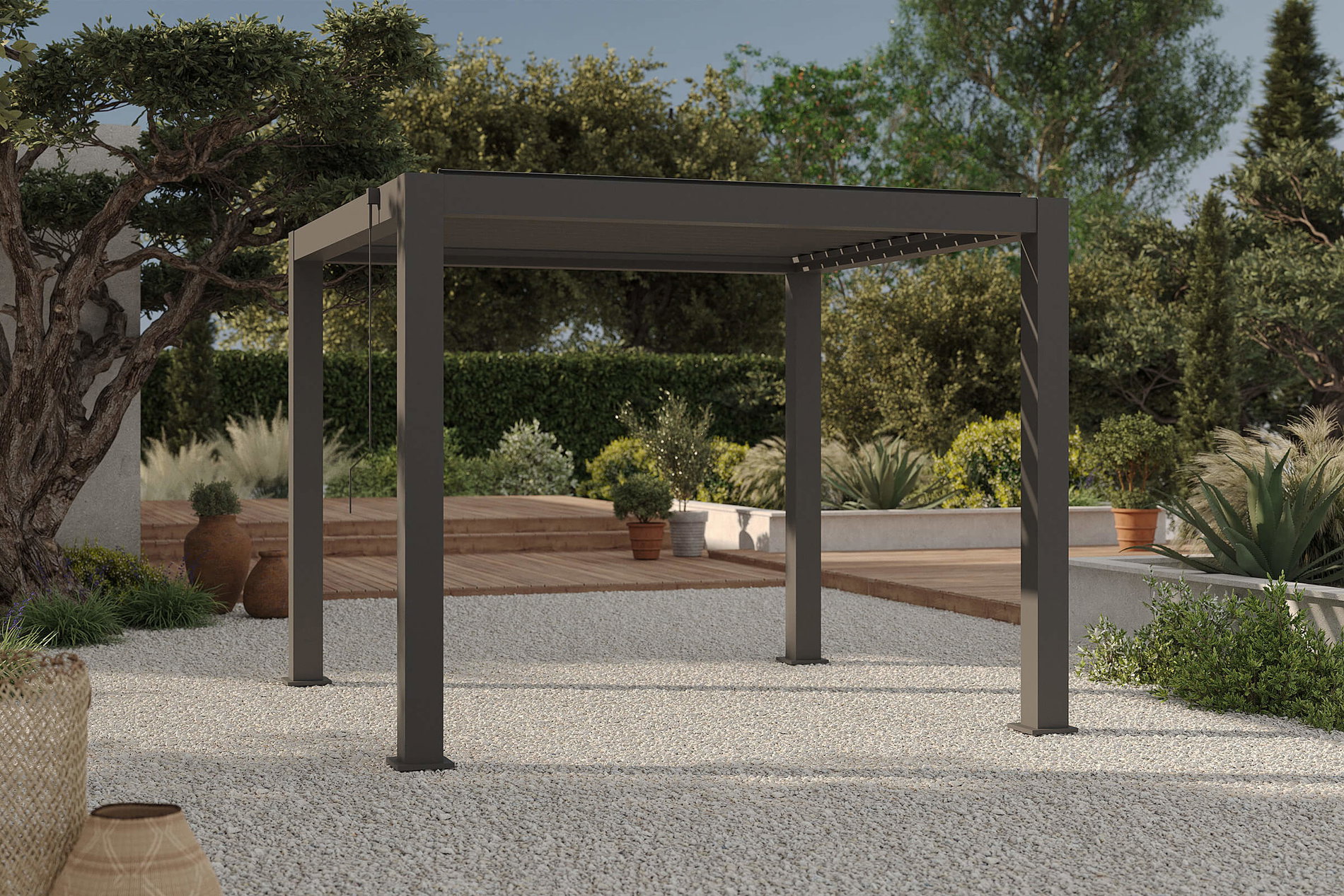 OUTFLEXX Antalya Lamellenpergola, schwarz, Alu pulverbeschichtet, 3 x 3 m, wetterfest, Lamellendach verstellbar