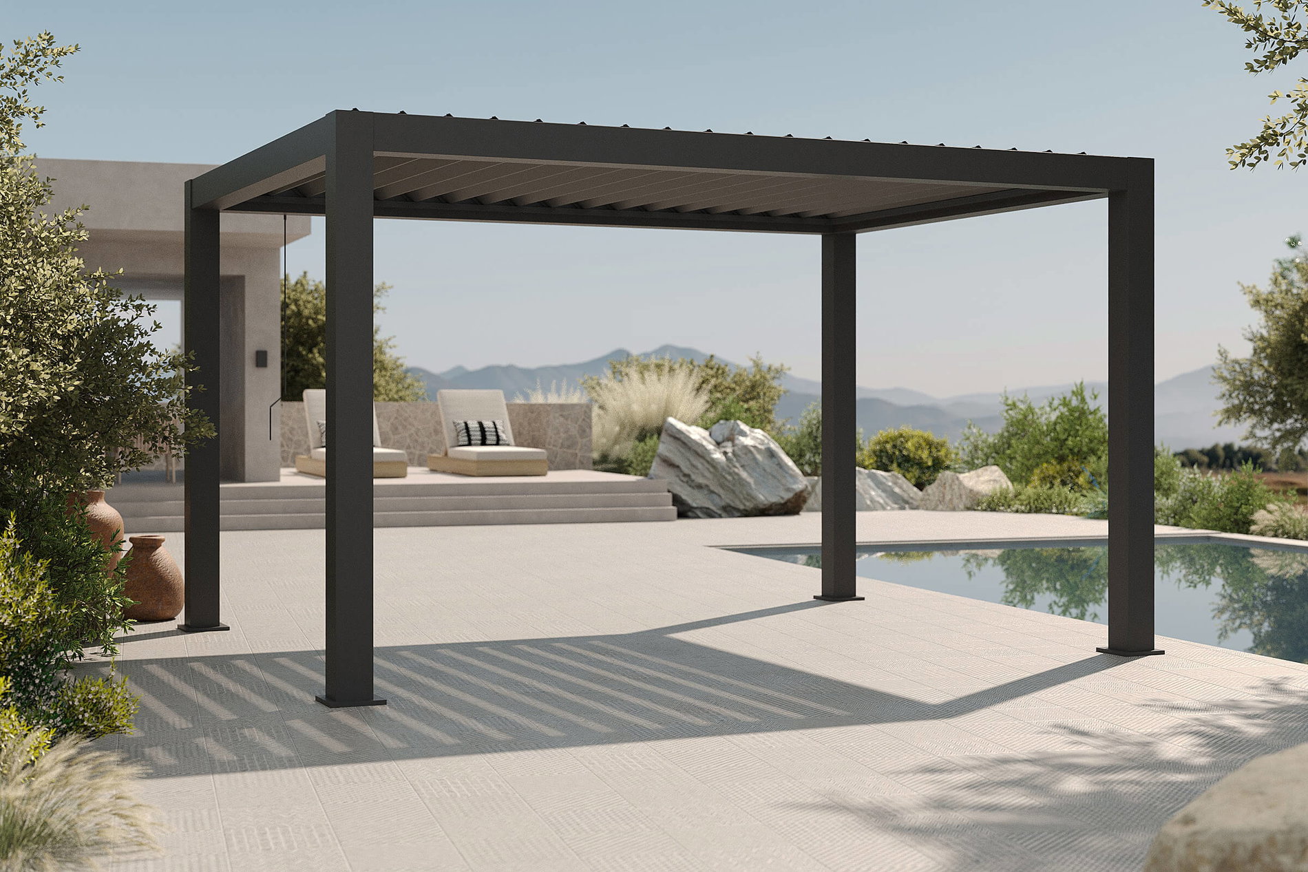 OUTFLEXX Antalya Lamellenpergola, schwarz, Alu pulverbeschichtet, 3 x 4 m, witterungsbeständig, verstellbares Lamellendach